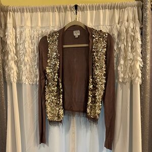Sequin Embellished Brown Cardigan